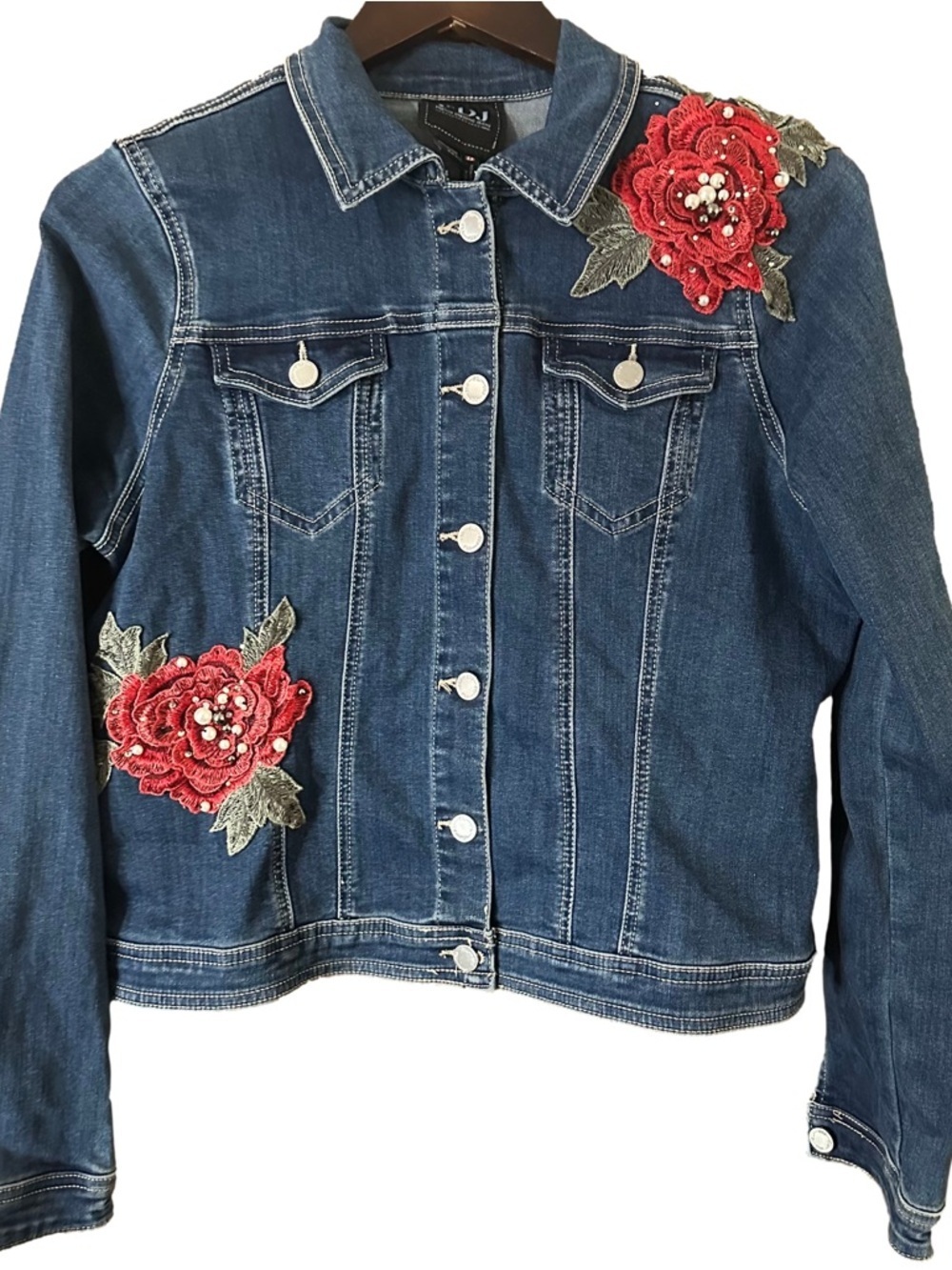 FDJ Embellished Dark Blue Denim Jacket with Red Floral Appliqué Women Size M
